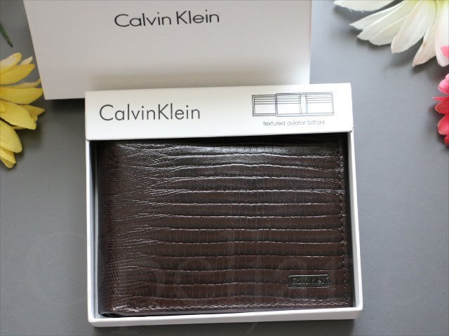 Calvin Klein CK 卡文克萊深咖啡色鱷魚壓紋真皮 照片ID證件 信用卡夾 中夾皮夾 禮盒裝 愛Coach包包