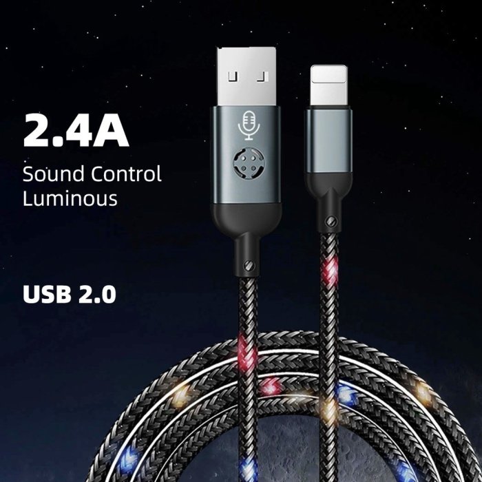 Fonken 語音控制 USB 充電線 USB 轉 Type C/IOS 快速充電線閃光燈 LED 線數據傳輸線-極巧