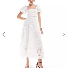 (嫻嫻屋) 英國ASOS-Maya白色蕾絲方領泡泡袖綁帶背露美背中長裙洋裝禮服 AE24