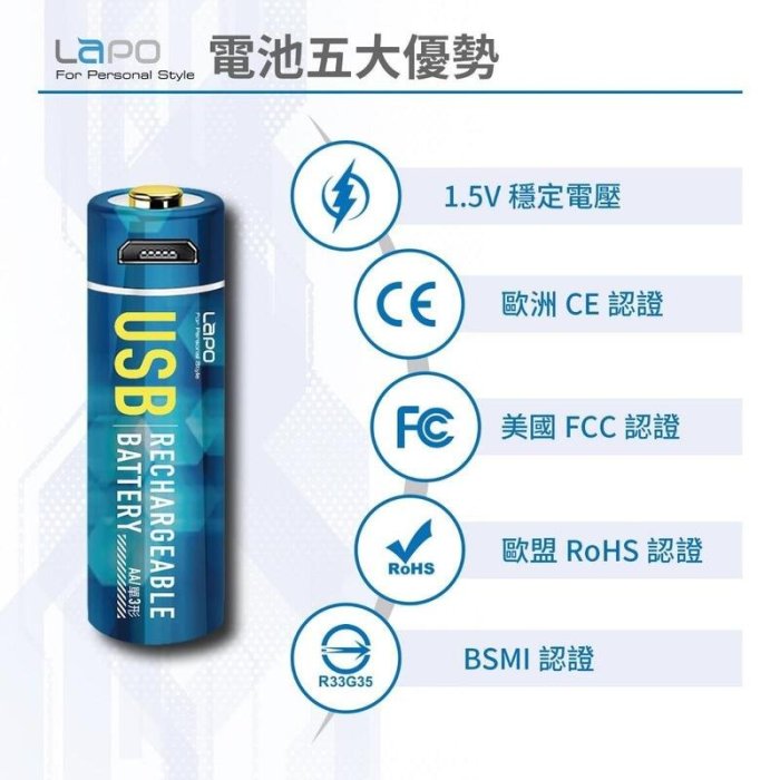 【嚴選外框】 Lapo USB 可充式鋰電池 1.5V 3號電池 環保電池 充電電池 WT-AA01