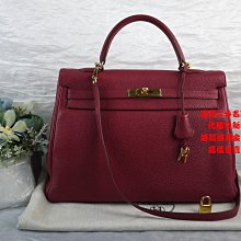 優買二手名牌店 HERMES 金釦 赭紅 磚紅 TOGO KELLY BAG 凱莉 包 35 斜背包 手提包 兩用包