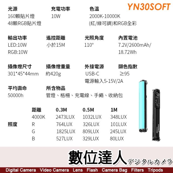 【數位達人】永諾 Yongnuo YN30 SOFT 光棒 RGB補光燈 LED手持 管燈 光劍 攝影