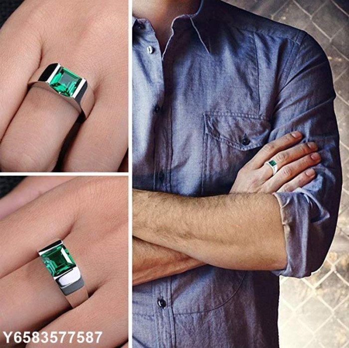 【熱賣精選】亞馬遜熱賣S925純銀仿藍綠寶石男戒歐美爆款戒指飾品廠家直銷