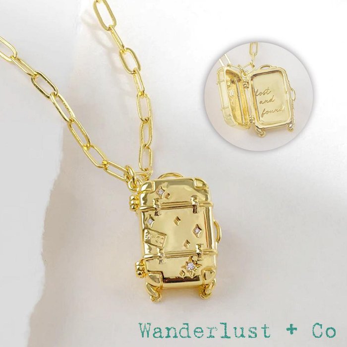 Wanderlust+Co 澳洲品牌 鑲鑽行李箱金色項鍊 享受旅程 Found Luggage