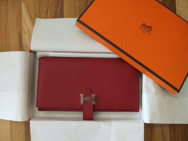 ☆銀翔二手精品☆ HERMES 全新 厚長夾 皮夾  暗紅色 Epsom