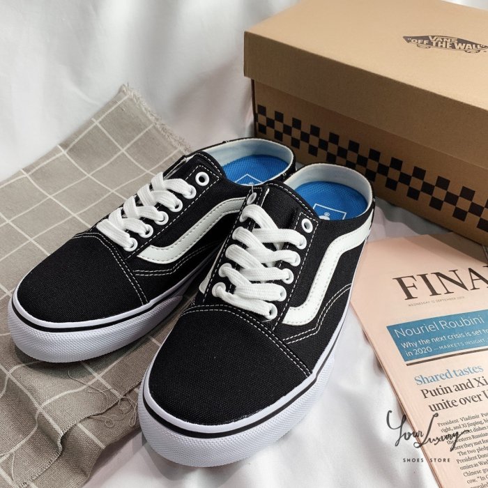 【Luxury】VANS 復古款 半截式懶人鞋 拖鞋 黑 米 紅線 棋盤格 帆布 經典款 男女款 懶人鞋