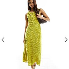 (嫻嫻屋) 英國ASOS-黃綠色蓬鬆條紋斜裁垂墜領無袖中長裙洋裝AA24