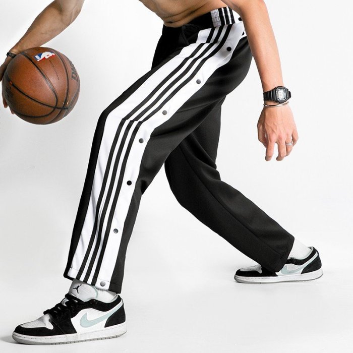現貨熱銷-Adidas愛迪達運動長褲男士三葉草籃球訓練全開排扣褲大碼側開紐扣長褲