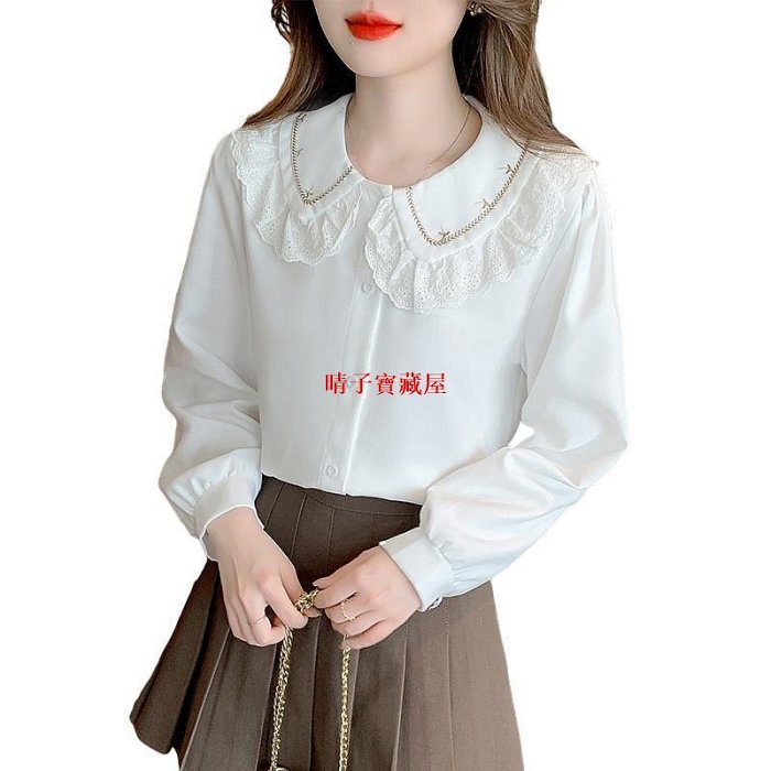 長袖襯衫 2024春季新款韓系減齡設計感甜美娃娃領刺繡磨毛長袖襯衫·晴子寶藏屋