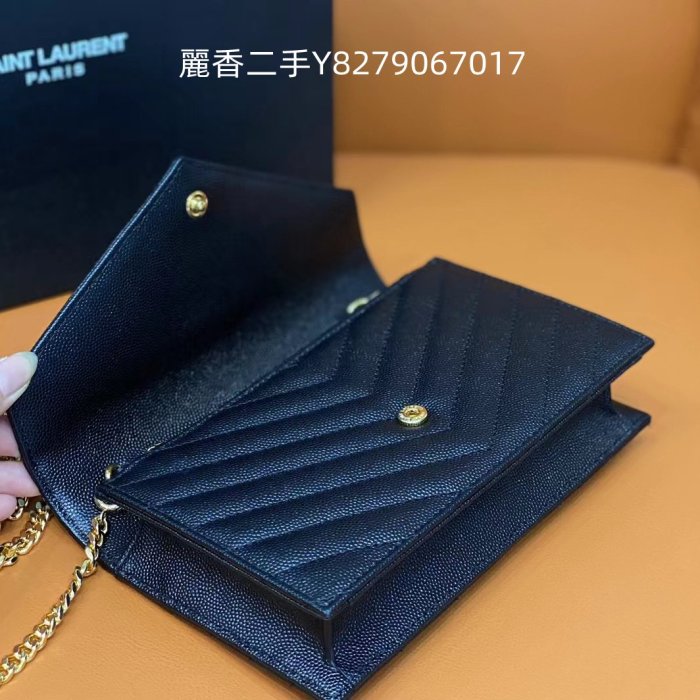 麗香二手 YSL 聖羅蘭 19CM WOC ENVELOPE粒面壓印皮革鏈條錢包 肩背包 393953