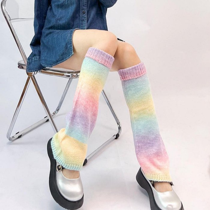 CURTES1女護腿器可愛原宿彩虹色褶邊日語蓬鬆的甜美的腿套-水水精品衣櫥