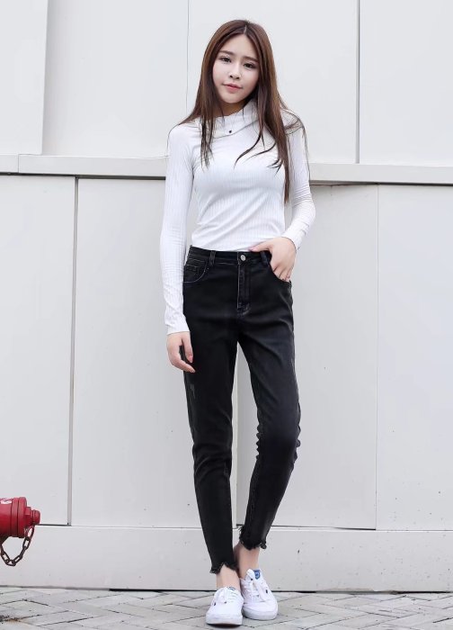 【玫瑰皇后】 DX905533 韓版-大碼女裝秋裝新款黑色高腰顯瘦毛邊小腳牛仔長褲