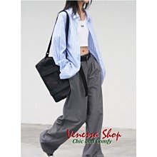 歐美 ME 新款 品味時尚高級感灰色 舒適寬鬆 高腰闊腿休閒西裝褲 (R1274)