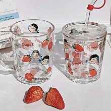 不二家草莓玻璃杯家用ins卡通吸管刻度杯創意把手水杯牛奶杯禮品-緻雅尚品
