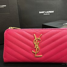 二手旗艦 YSL 358094 桃紅色 山形紋 荔枝 牛皮 金Logo 12卡 ㄇ字拉鍊 長夾 皮夾(中友店)16907