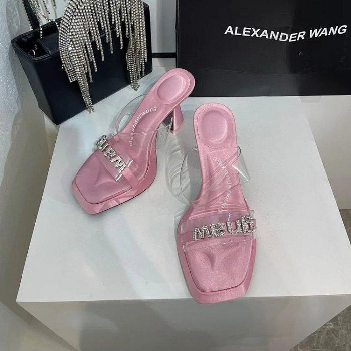 【King女王代購】Alexander Wang AW字母水鉆拖鞋2024新款網紅方頭厚底防水台一字拖