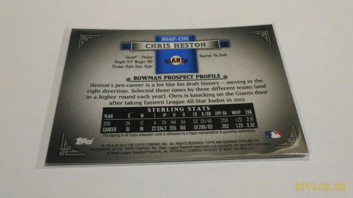 2012 BOWMAN~Chris Heston 簽名卡