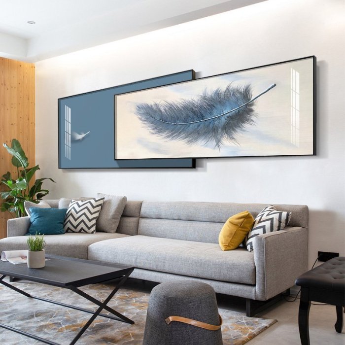 現代簡約客廳裝飾畫藍羽毛掛畫大氣輕奢沙發背景墻北歐創意抽象畫正品精品 促銷 正品 夏季