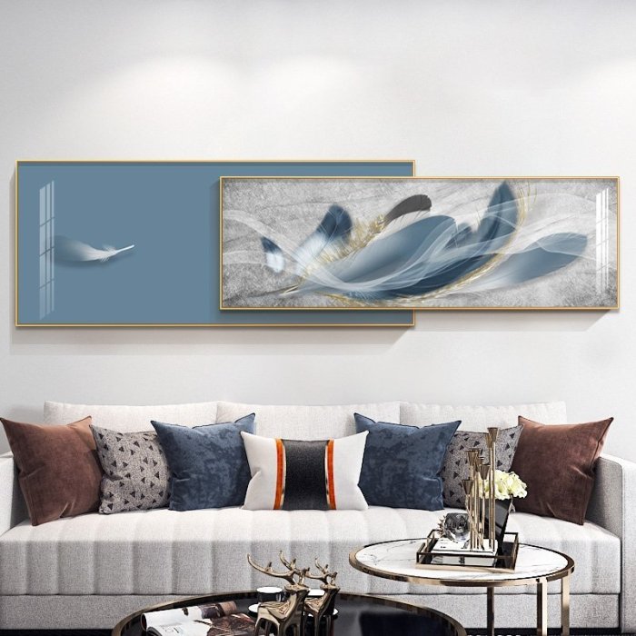 現代簡約客廳裝飾畫藍羽毛掛畫大氣輕奢沙發背景墻北歐創意抽象畫正品精品 促銷 正品 夏季