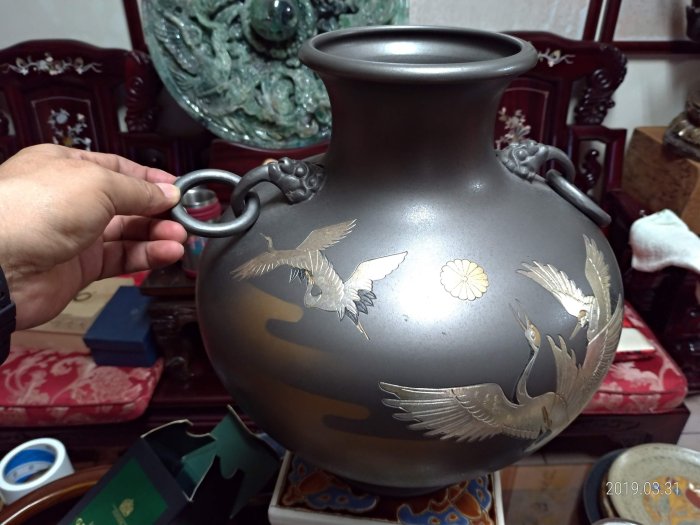 古董收藏古玩藝品/日本高岡銅器名家真峰作鶴青銅擺件/高34公分直徑29 