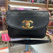 ☆最愛二手精品☆ CHANEL 22cm 香奈兒黑色羊皮金釦金鍊釦式翻蓋肩背包肩背包斜背包  VINTAGE 大LOGO  XG7078 老香 古董包菱格紋