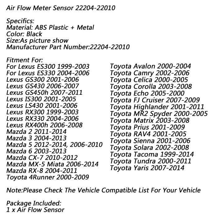 Toyota Lexus Scion Pontiac 1X 質量空氣流量計傳感器 22204-22010 -極限超快感