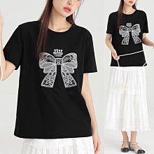 蝴蝶結刺繡短袖設計感小眾黑色T恤