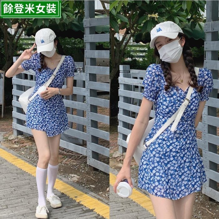 DayDay少女｜法式方領甜美碎花氣質收腰顯瘦連身裙 短袖連衣裙 女生夏天洋裝餘登米女裝~餘登米女裝