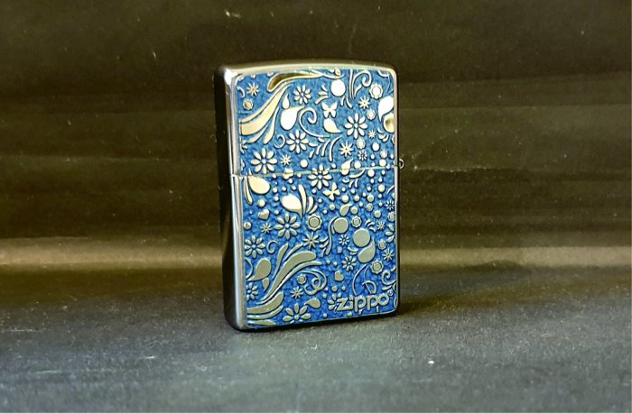 ONE*$1~日系 ZIPPO*兩面加工《蝴蝶*太陽*貓 》平底金屬水藍漆板*精確蝕刻*3色一起賣