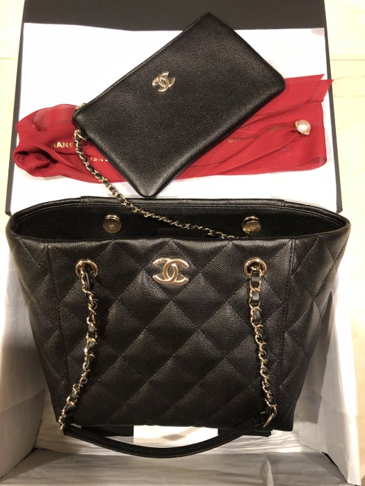 Chanel tote bag 黑色荔枝牛皮 淡金釦 拖特包 購物包 台灣專櫃