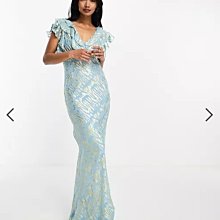 (嫻嫻屋) 英國ASOS-Never Fully優雅時尚名媛金色緹花紋荷葉摺邊V領V背魚尾拖地長裙洋裝禮服 EI23