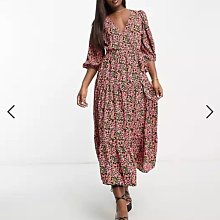 (嫻嫻屋) 英國ASOS-Glamorous碎花圖案V領泡泡袖側邊綁帶長裙洋裝EB23