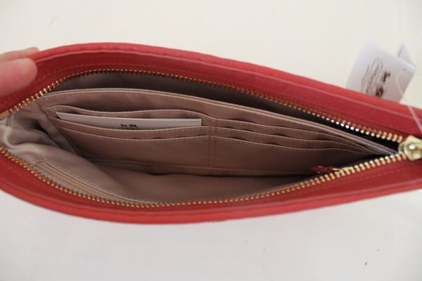 【美國精品館】COACH 46914 MADISON GATHERED LEATHER ZIP CLUTCH (橘) 專櫃馬車皺摺大手拿包/長夾