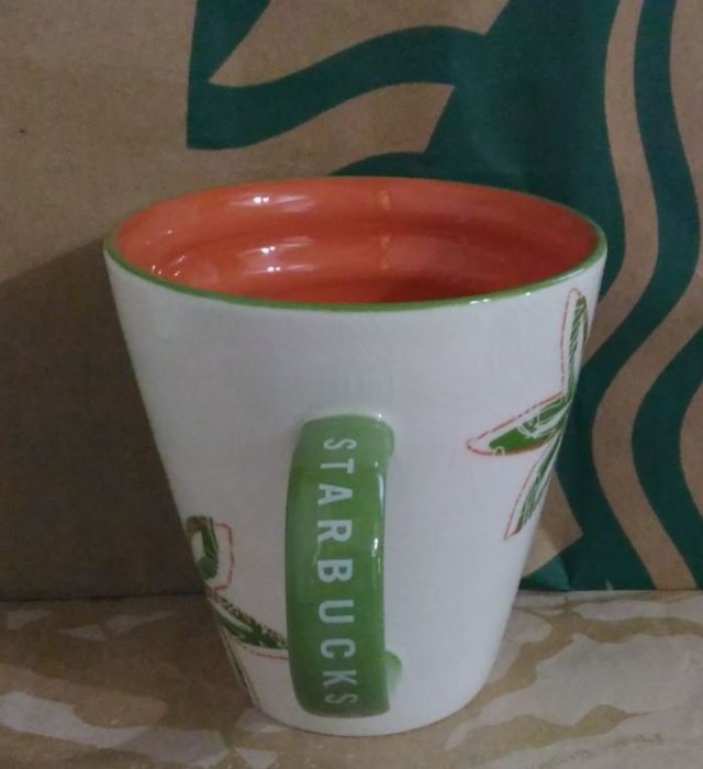 Starbucks星巴克~2007 春季花朵 貼花馬克杯(綠橘款)☆12oz  ~全新己絶版~可面交
