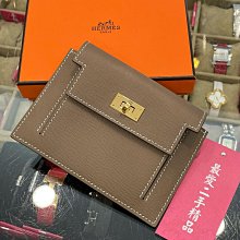 ☆最愛二手精品☆ HERMES KELLY POCKET COMPACT 近全新愛馬仕大象灰色皮革凱莉金釦鎖頭拉鍊零錢包卡片夾小短夾 U刻 C4000