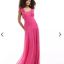 (嫻嫻屋) 英國ASOS-優雅時尚名媛粉紅色抓褶方領寬肩帶高腰長裙洋裝AC24