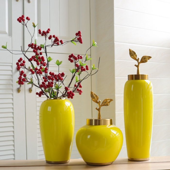 熱銷 現代簡約時尚黃色花瓶陶瓷干花插創意擺件歐式玄關客戶裝飾