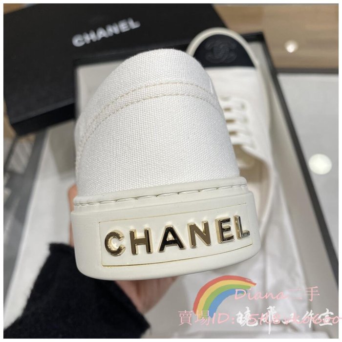 Diana二手 CHANEL 香奈兒 23S新款 黑白拼色 logo 餅乾 小白鞋 平底 帆布鞋 休閒鞋