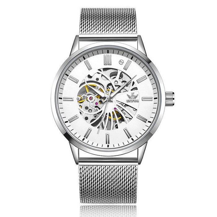 現貨男士手錶腕錶SEWOR思沃奇男士機械錶 防水鏤空全自動機械錶網鋼帶男錶運動錶