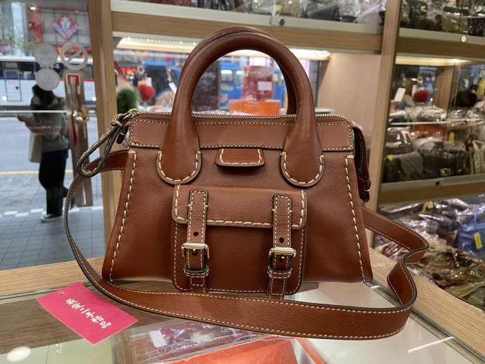 ☆最愛二手精品☆ CHLOE MINI EDITH BAG 咖啡色粗車線前口袋拉鍊斜背包肩背包手提包兩用包 C2398