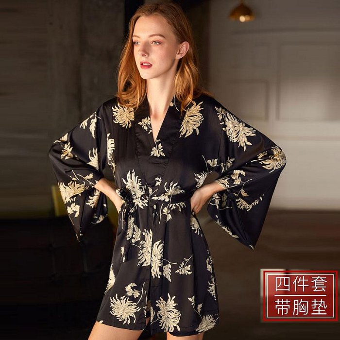 花巖和風家居服冰絲睡衣日式睡袍女夏帶胸墊吊帶長褲晨袍和服套裝