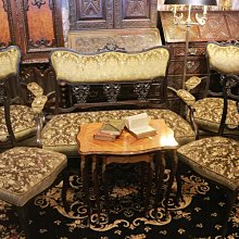 【家與收藏】特價稀有珍藏歐洲百年古董法國古典優雅手工木刻橄欖綠花絨布法國沙龍椅/沙發椅組 3