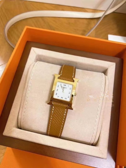 二手正品 HERMES Heure H系列 全新品 購買證明影本 愛馬仕 金棕色 超美 H手錶 腕錶 W036734