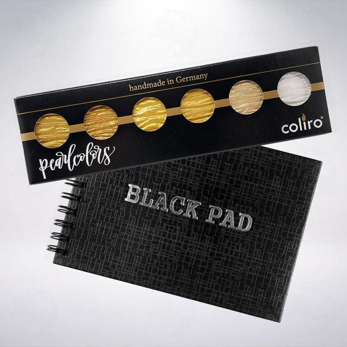 優惠套組! Coliro 金屬6色珠光水彩粉餅組+Black pad A5 黑色繪圖本