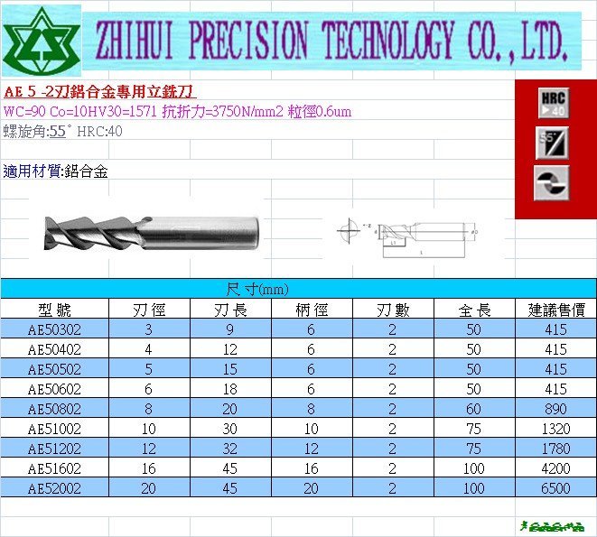 2刃鋁合金專用立銑刀AE50402*鎢鋼銑刀*zhihui智惠精密科技*切削刀具*精密工具*刀片*刀桿*圓棒