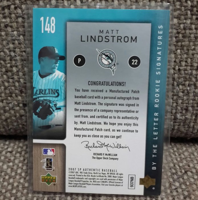 2007 MATT LINDSTROM 佛羅里達馬林魚隊-親筆簽名限量10、38/40補丁棒球卡(請注意商品介紹)