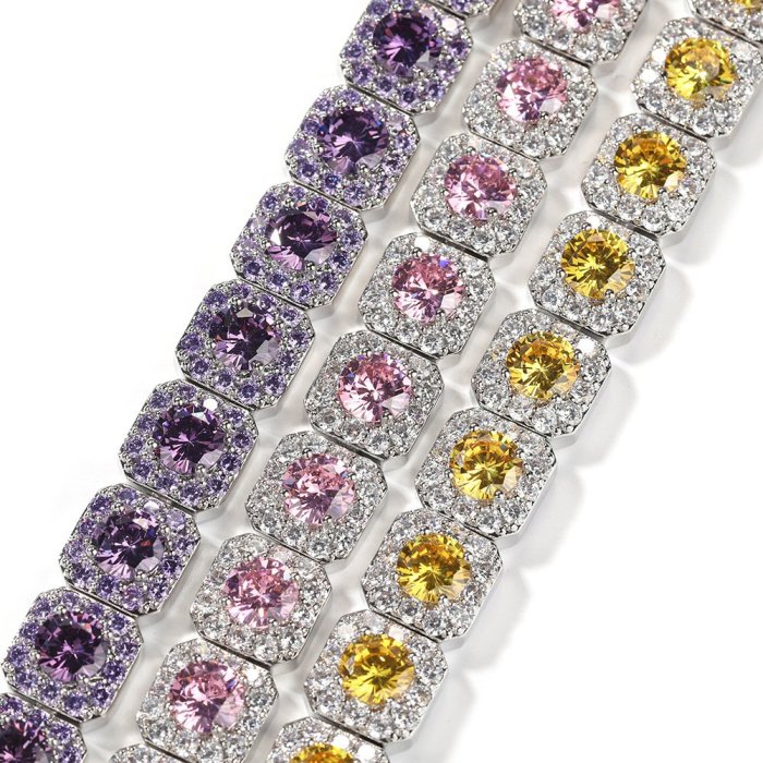 寶石手鏈 ICE BLING 12MM紫色钻石锆石满钻冰糖手链 嘻哈个性小众设计饰品~熱賣