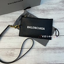 《真愛名牌精品》BALENCIAGA 616015 黑牛皮 白字logo 手拿/掛頸 卡片包/ 證件套*全新*