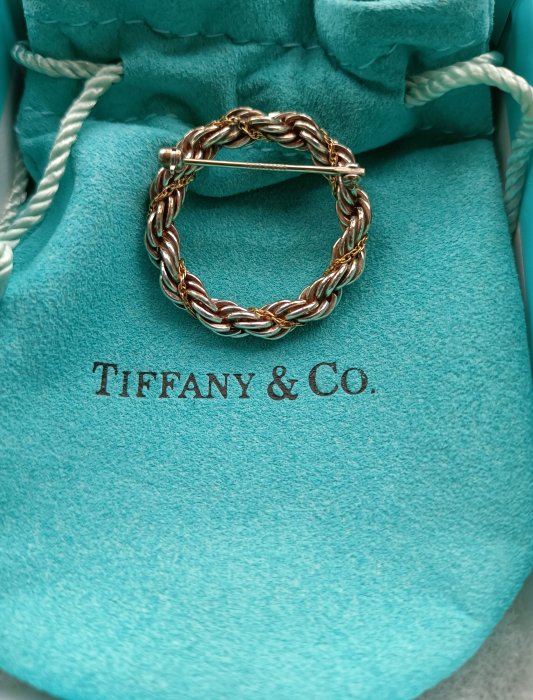 Tiffany 純銀和 18k 黃金繩狀圓形別針胸針*【附原盒,防塵套】