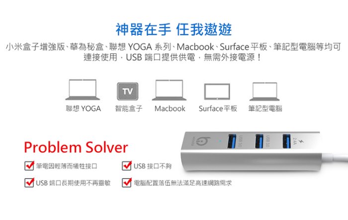 【小比科技】USB3.0 集線器 + Gigabit 網路卡（贈TYPE-C轉接頭）